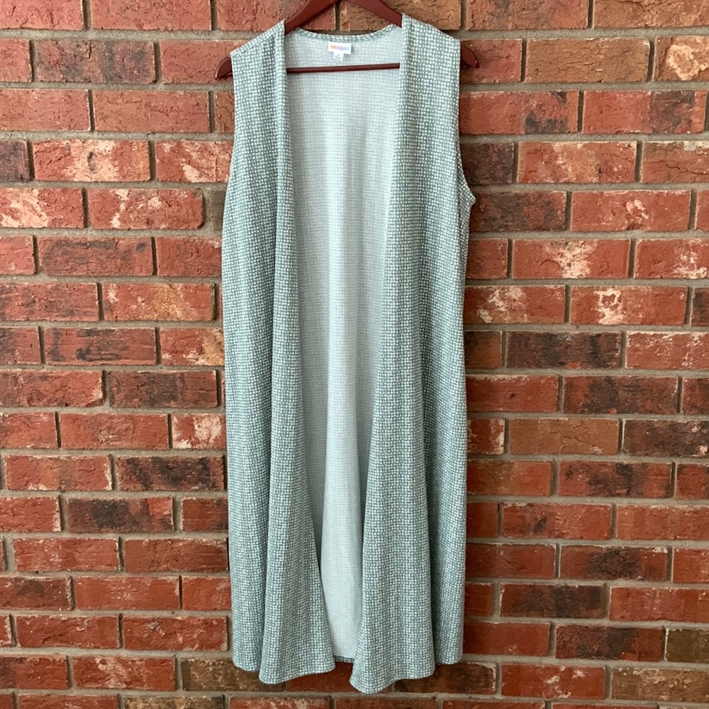 LulaRoe Green Geometric Print Joy Sleeveless Duster Cardigan